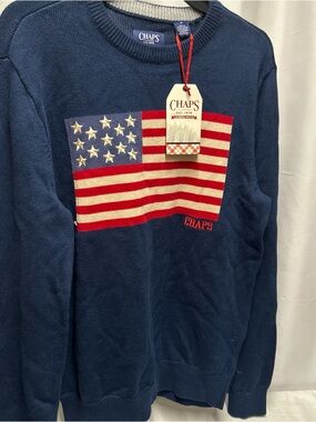 Chaps Navy Crewneck Sweater with Embroidered American Flag